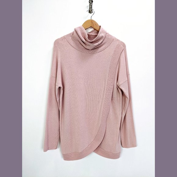 Gibson Size L Womens Cozy Turtleneck Sweater New Tunic Split Faux Wrap Back Pink - Picture 3 of 11
